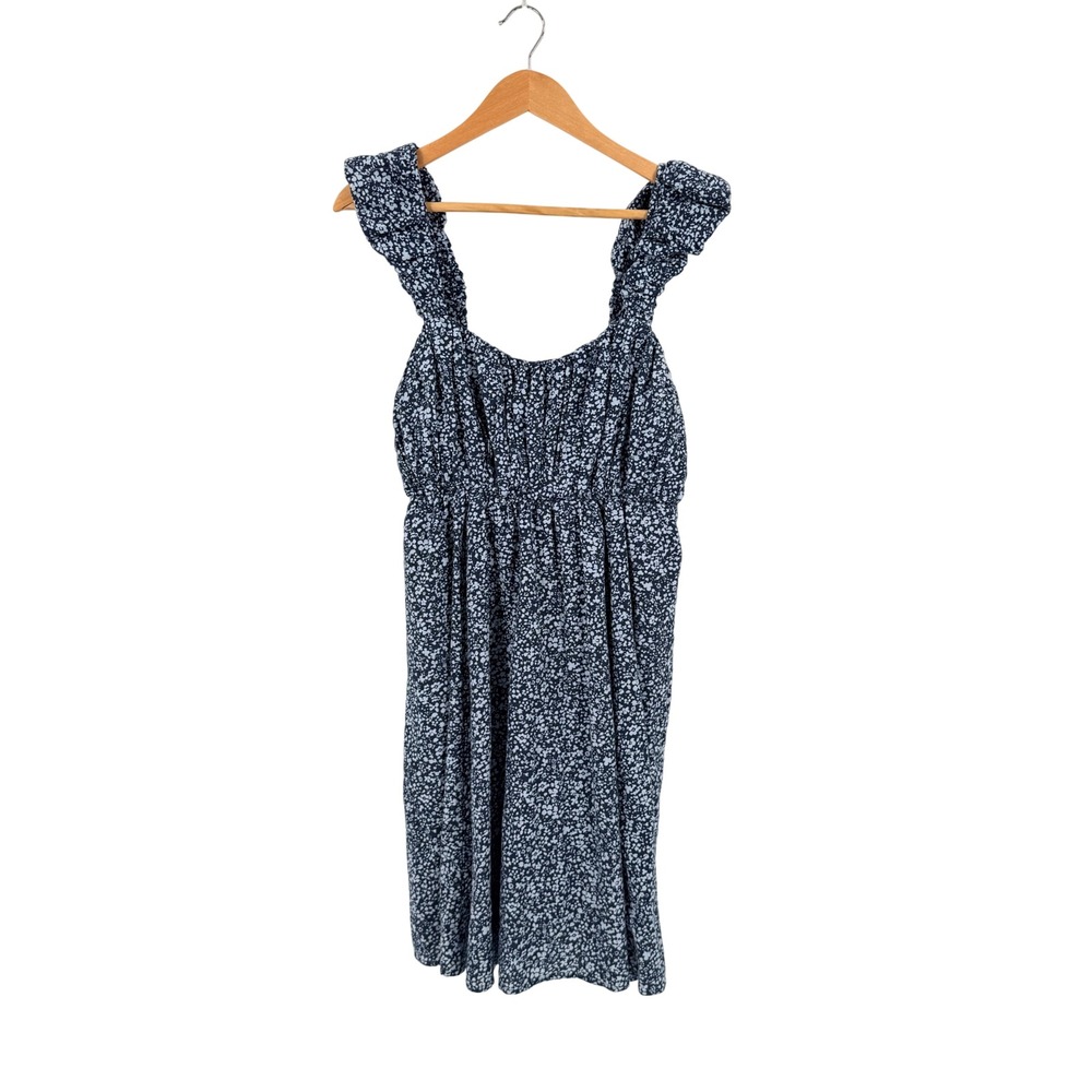 Abercrombie & Fitch Floral Linen Blend Mini Dress Blue LT Ruffle Pockets Tall